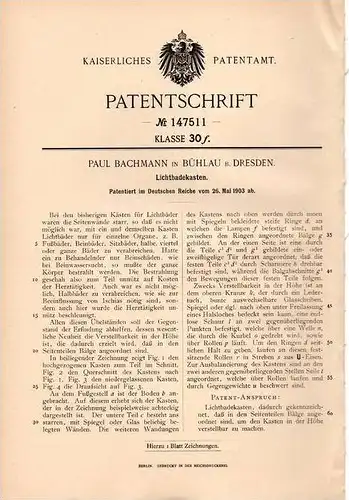 Original Patentschrift - P. Bachmann in Bühlau b. Dresden , 1903 , Lichtbadekasten , Solarium , Lichtbad , Heilbad !!!