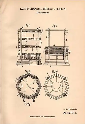 Original Patentschrift - P. Bachmann in Bühlau b. Dresden , 1903 , Lichtbadekasten , Solarium , Lichtbad , Heilbad !!!