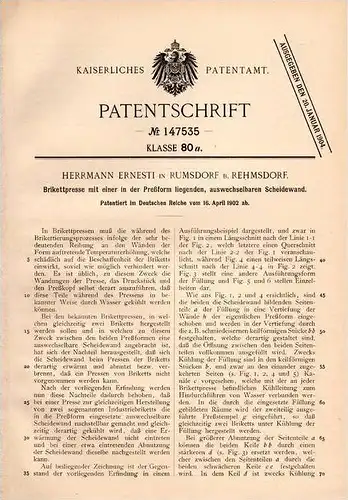 Original Patentschrift - H. Ernesti in Rumsdorf b. Rehmsdorf , 1902 , Brikettpresse , Presse für Brikett , Kohle !!!