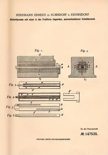 Original Patentschrift - H. Ernesti in Rumsdorf b. Rehmsdorf , 1902 , Brikettpresse , Presse für Brikett , Kohle !!!