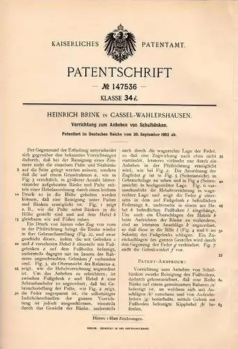 Original Patentschrift - H. Brink in Cassel - Wahlershausen , 1902 , Hebeapparat für Schulbank , Schule !!!