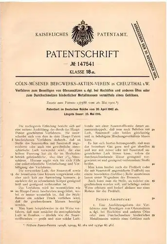 Original Patentschrift - Cöln - Müsener Bergwerk - Verein in Kreuztal i.W., 1902 , Beseitigung von Ofenansätzen !!!