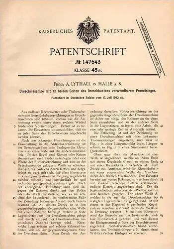 Original Patentschrift - Fa. Lythall in Halle a.S. , 1902 , Dreschmaschine , Landwirtschaft , Ernte , Ackerbau !!!