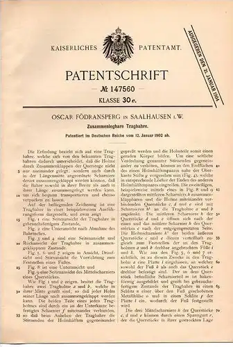 Original Patentschrift - O. Födransperg in Saalhausen i.W., 1902 , Tragbahre , Bahre , Trage , Krankentrage !!!