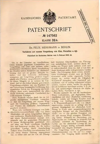 Original Patentschrift - Vergoldung von Porzellan und Glas , 1903 , Dr. F. Herrmann in Berlin , Gold , Porcellan !!!