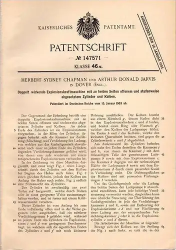 Original Patentschrift - H. Chapman in Dover , 1903 , Explosionskraftmaschine !!!