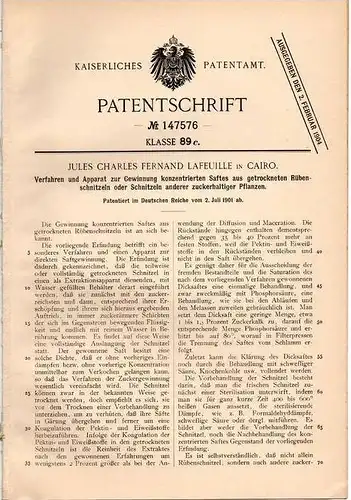 Original Patentschrift - J. Lafeuille in Cairo , 1901 , Gewinnung von Saft aus Rüben , Zuckerrüben !!!