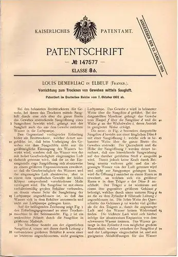 Original Patentschrift - L. Demerliac in Elbeuf , 1902 , Trockner für Gewebe  !!!