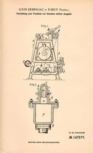 Original Patentschrift - L. Demerliac in Elbeuf , 1902 , Trockner für Gewebe  !!!