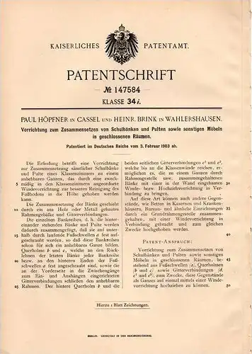 Original Patentschrift - H. Brink in Wahlershausen und Cassel , 1903 , Vorrichtung für Schulbänke und Pulte , Schule !!!