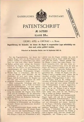 Original Patentschrift - G. Apel in Grünau i. Mark , 1902 , Bogenführung für Kalandar !!!