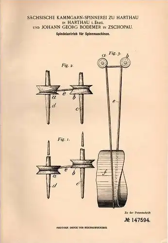 Original Patentschrift - Sächs. Spinnerei in Harthau i. Erzgeb. und Zschopau , 1902 , Spindel für Spinnmaschine !!!