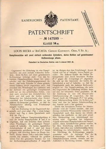 Original Patentschrift - L. Hicks in Batavia , Ohio , 1903 , Dampfmaschine !!!