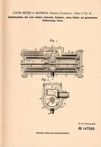 Original Patentschrift - L. Hicks in Batavia , Ohio , 1903 , Dampfmaschine !!!