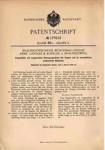 Original Patentschrift - Mühlenbau - Anstalt , Giesecke & Konegen in Braunschweig , 1906 , Kugelmühle , Mühle !!!
