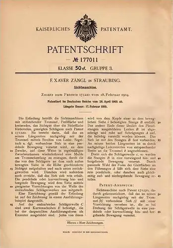 Original Patentschrift - F. Zängl in Straubing , 1905 , Sichtmaschine  !!!