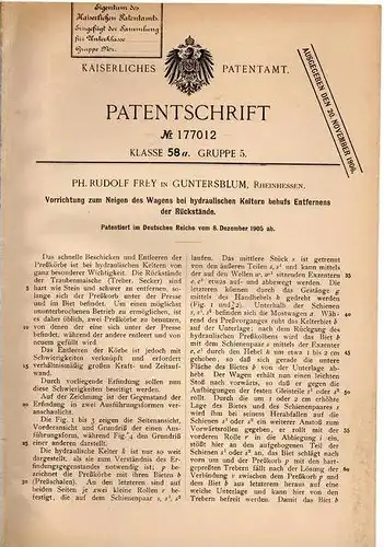 Original Patentschrift - R. Frey in Guntersblum , Rheinhessen , 1905 , Wagen für Kelterei , Maische , Brauerei , Wein !!