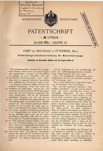 Original Patentschrift - J. von Mazaraki in Etterbeek , 1905 , Anlasser für Motorfahrzeuge , Automobile !!!