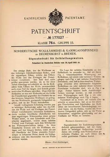 Original Patentschrift - Norddeut. Kämmerei & Spinnerei in Delmenhorst b. Bremen , 1905 , Entklettungswalzen !!!