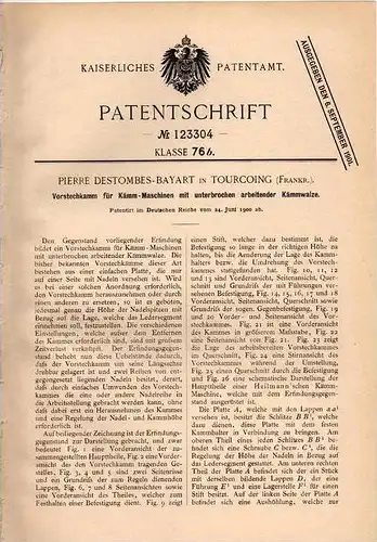 Original Patentschrift - P. Bayart in Tourcoing , 1900 , Kamm für Kämm - Maschine , Kämmerei !!!