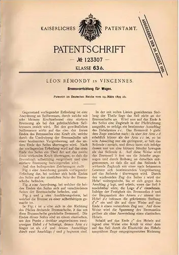 Original Patentschrift - L. Rémondy in Vincennes , 1899 , Bremse für Wagen , Automobile !!!