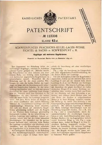 Original Patentschrift - Fichtel & Sachs in Schweinfurt a.M., 1899 , Kugellager mit mehreren Kugelkränzen !!!