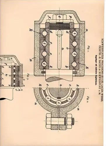 Original Patentschrift - Fichtel & Sachs in Schweinfurt a.M., 1899 , Kugellager mit mehreren Kugelkränzen !!!