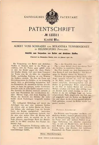Original Patentschrift - A. Schrader in Helsingfors , Finnland , 1901 , Holzfass für Butter !!!
