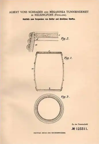 Original Patentschrift - A. Schrader in Helsingfors , Finnland , 1901 , Holzfass für Butter !!!