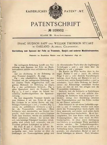 Original Patentschrift - Spanner für Trommel und Banjo , 1899 , I. Hudson in Oakland , Pauke , Schlagzeug !!!