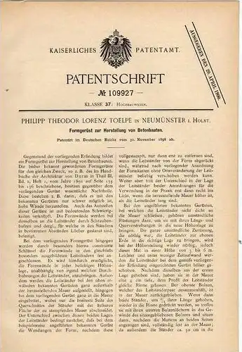 Original Patentschrift - P. Toelpe in Neumünster i. Holstein , 1898 , Formgerüst für Betonbauten , Beton , Architekt !!!