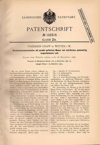 Original Patentschrift - F. Graff in Witten i.W., 1900 , Zwieback - Schneidemaschine , Bäckerei , Bäcker !!!