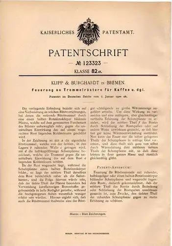 Original Patentschrift - Klipp & Burghardt in Bremen , 1900 , Röster für Kaffee , Röstung !!!