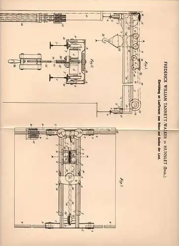 Original Patentschrift - F. Tannet in Hunslet , 1901 , Kran , Laufkran zum Heben und Senken !!!