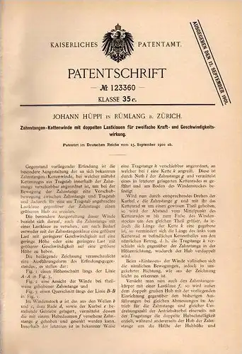 Original Patentschrift - J. Hüppi in Rümlang b. Zürich , 1900 , Zahnstangen - Kettenwinde , Kettemzug !!!
