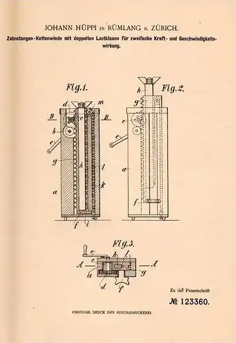 Original Patentschrift - J. Hüppi in Rümlang b. Zürich , 1900 , Zahnstangen - Kettenwinde , Kettemzug !!!