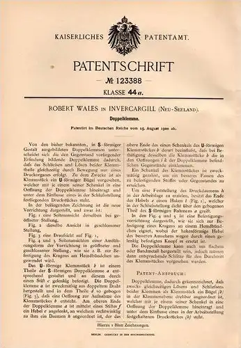 Original Patentschrift - R. Wales in Invercargill , Neuseeland , 1900 , Doppelklemme !!!