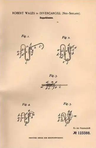 Original Patentschrift - R. Wales in Invercargill , Neuseeland , 1900 , Doppelklemme !!!