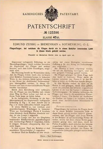 Original Patentschrift - E. Zeissig in Bremenhain b- Rothenburg O.-L-, 1900 , Fliegenfänger , Fliegen , Fliege !!!