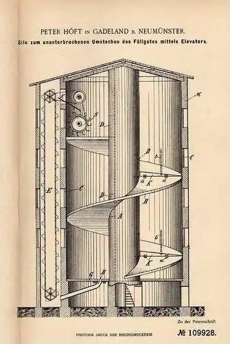 Original Patentschrift - P. Höft in Gadeland b. Neumünster , 1899 , Ailo mit Elevator !!!
