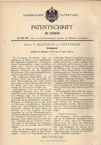 Original Patentschrift - Fa. Sartorius in Göttingen , 1899 , Brutapparat  für Eier , Tierzucht !!!