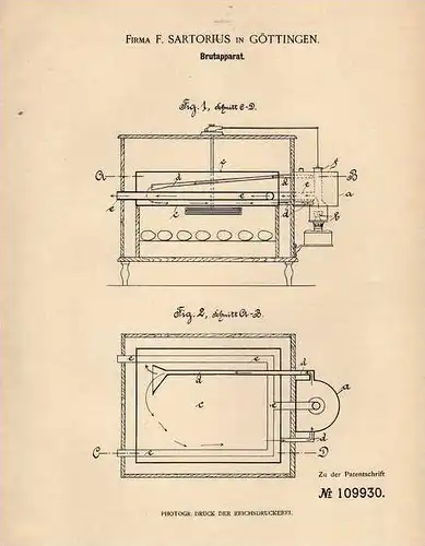 Original Patentschrift - Fa. Sartorius in Göttingen , 1899 , Brutapparat  für Eier , Tierzucht !!!