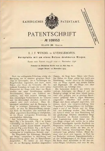 Original Patentschrift - E. Wendel in Ilversgehofen , 1899 , Herdplatte mit drehbaren Ringen !!!