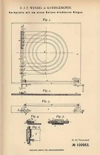 Original Patentschrift - E. Wendel in Ilversgehofen , 1899 , Herdplatte mit drehbaren Ringen !!!