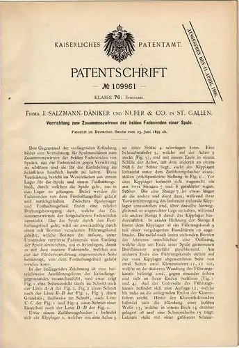 Original Patentschrift - Fa. Nufer & Co in St. Gallen , 1899 , Zwirnapparat für Spulen , Zwirn !!!