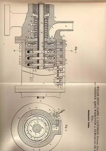 Original Patentschrift - W. Clarke in Gateshead , Durham , 1898 , umsteuerbare Turbine !!!