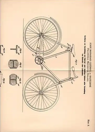 Original Patentschrift - J. Gledhill in Hazeldine , 1898 , Rahmen für Fahrrad ohne Schweiß- und Lötstellen !!!