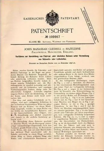 Original Patentschrift - J. Gledhill in Hazeldine , 1898 , Rahmen für Fahrrad ohne Schweiß- und Lötstellen !!!