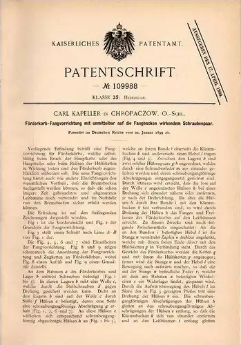 Original Patentschrift - C. Kapeller in Chropaczow , 1899 , Fangvorrichtung für Förderkorb !!!