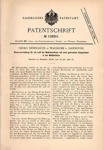 Original Patentschrift - G. Siemsglüss in Walsrode b. Hannover , 1898 , Steuerung für Melkmaschine , Molkerei , Melker !